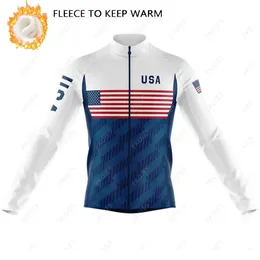 Cykeljackor USA Sport Bicycle Team Winter Long Sleeve Cycling Jersey Men Mountain Bike Top Cycling Clothing MTB Riding Warm Bike Jacket 231018