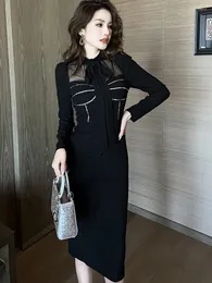 Casual Dresses Spring Midi For Women 2023 Elegant Fashion Black Slim Fit Dress Bow Bandage Robe Party Fest Office Lady kläder Vestido