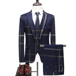Ternos masculinos casamento xadrez azul cinza blazers jaqueta calças colete 3 pçs conjunto 2023 fino ajuste negócios smoking vestido clássico formal casaco