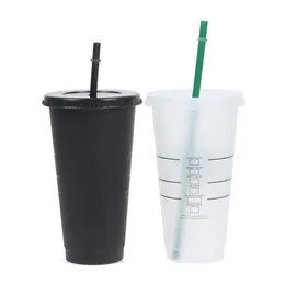 Starbucks con logoml Paja blanca y negra con tapa Taza que cambia de color Tazas reutilizables Vaso de plástico Taza de café con acabado mate