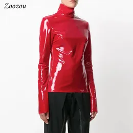 Mulheres T-shirt Mulheres Faux Patent Leather Turtleneck Tops Camisa de Manga Longa Zipper PVC Pulôver Preto Vermelho PU Roupas de Couro Streetwear Personalizado 231019