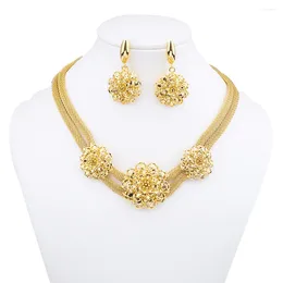 Halsbandörhängen Set Luxury Flower Design Flat Pendant Gold Color Jewelry Dubai Brazilian Women's Wedding Party Brud Gift