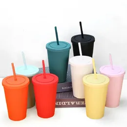 Mugs 16oz Matte Tumbler Acrylic Plastic Pastel Cup with Straw Lid Double Wall Insulation Water Cup For Bachelorette Party Gift 231020
