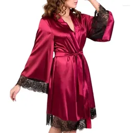 Women's Sleepwear Female Lace Patchwork Long Bathrobes Ladies Nightgown Soft Silk Dressing Gown Bathrobe For Women