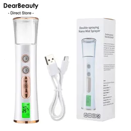 Vaporizador duplo spray-cabeça nano névoa pulverizador mini hidratante umidificador cuidados com a pele display led portátil portátil nebulizador 231020