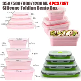 Bento Boxes 4pcs/set Silicone Rectangle Lunch Box Collapsible Bento Box Folding Food Container Bowl 300/500/800/1200ml for Dinnerware 231013