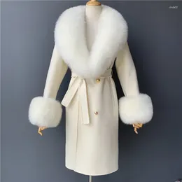 ベルトの長い冬の羊ウールカシミア秋のコートカラーファッションオーバーコートを持つ女性の毛皮の女性