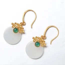 Baumelnde Ohrringe aus natürlicher Hetian-Jade für Frauen, rund, altes Gold, Handwerk, Blumen, elegant, verträumt, High-End-Sinn-Eardrop in Schmuck