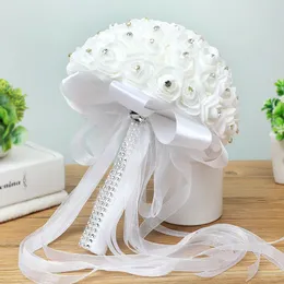 Rose Artificial Bridal Flowers Bride Bouquet Wedding Bouquet Crystal Ivory Silk Ribbon New Bouquet