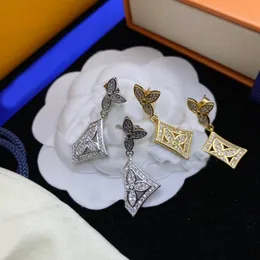 Brincos de grife, brincos clássicos com pingente de zircão embutidos com flores para mulheres, ouro/prata 2 cores, joias elegantes e modernas, Dia dos Namorados, Natal