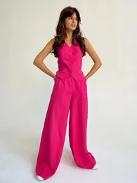 Женские брюки-двойки Mnealways18 Розовый элегантный пиджак Комплект из 2 предметов Женские брюки с высокой талией и широкими штанинами Костюмы Жилет на пуговицах Наряд для офиса Леди Бизнес 231020