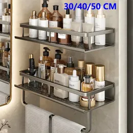 Prateleiras do banheiro acessórios prateleira organizador 3050cm chuveiro rack de armazenamento cinza fixado na parede espaço alumínio toalete shampoo titular 231019