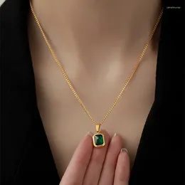 Collane con ciondolo Collana stile vintage in acciaio inossidabile 316L con zirconi quadrati verdi per le donne Regalo di gioielli con catena al collo per ragazza color oro alla moda