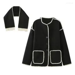 Kvinnorjackor 2023 Autumn Fashion Woman Black Crochet Scarf Coat O Neck Lång ärmknapp Rak Casual Vintage Kvinna Mysig