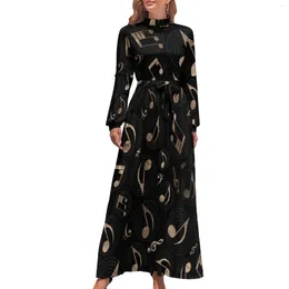 Vestidos casuais notas de música vestido preto e dourado estilo de rua boêmio feminino manga longa pescoço alto bonito maxi