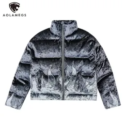 Men's Down Parkas Hip Hop Winter Jacket Turtleneck Flame Embroidery Harajuku Casual Zipper Coats Preppy Style Streetwear 231020