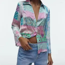 Kadınlar bluzları Vintage Blusas Mujer de Moda 2023 Yatak Yatak Uzun Kol Kontrast Renk Baskı Tek Kısacası Gevşek Yay Gömülü