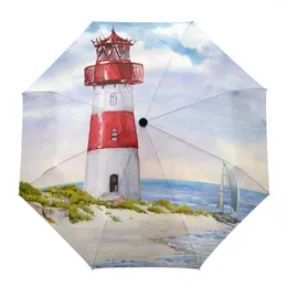 Paraplyer Lighthouse Island Vintage Watercolor Automatic Paraply Travel Folding Portable Parasol Windproof