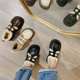 Kledingschoenen mode Britse stijl klein leer vrouwelijk studenten Japans vintage pluche warm katoen herfst winter 2023 loafers 231019