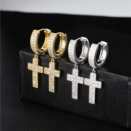 Cross Dangle örhängen Fashion Mens Double Row Zircon Gold Silver Hip Hop Earring Jewelry271U