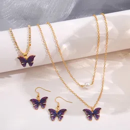 Wedding Jewelry Sets Fashion Butterfly Earrings Bracelet Necklace Set for Women Girls Gold Color Puple Oil Drip Chain Pendant Gift 231020