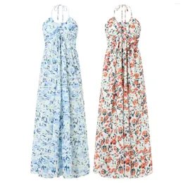 Casual Dresses Puloru Boho Summer Floral Print TIE-UP HALTERNECK TUBE Lång klänning Kvinnors ärmlös rygglös Ruched Bandeau A-Line