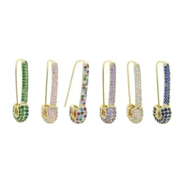 Whole Rainbow Colorful Wedding Earring Paved White Pink Green Blue Cz Unique Paperclip Safety Pin Stud Earings Women Fashion J206H