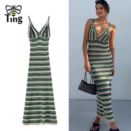 Casual Dresses Tingfly Summer Knitting Hollow Out Rands Colorful BodyCon Midi Long Knitwear Dress V Neck Rem tröja Vestidos Elbise