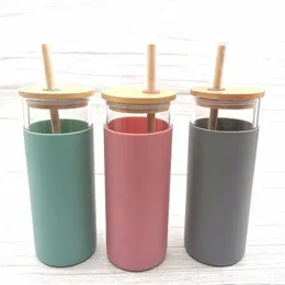 16oz Glass Mug Tumbler Juice Cup Milk Cups with Silicone Sleeve Bamboo and Straw Enviroment-Friendly Novelty Wine Bottle Office Car Dri Bcmr