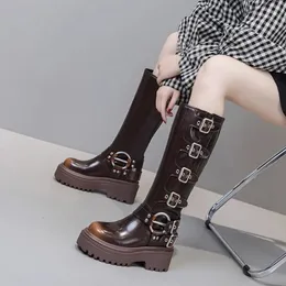 Boots Spring Autumn Punk 9cm High Heels Platform Metal Buckle Procle Procle Leature Leather Women Women Kneehigh Long Riding Equestrian 231019