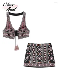 Vestidos de trabalho colheita bordado borla colete para mulheres sexy sem mangas superior minissaia ternos verão halter pescoço recortado jaqueta boho 2 peça conjuntos