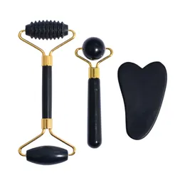 Jade Roller ve Gua Sha Set Doğal Obsidiyen Guasha Sıyırıcı Yüz Masaj Göz Yüzü Yahudi Roller Sawtooth Yüz Masaj Sağlığı Cilt