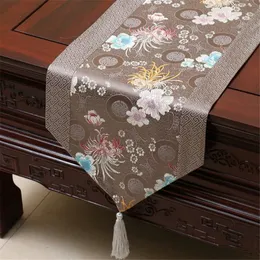 Table Runner Chinese Style Satins Table Runner Classical Red Embroidery bamboo printing Table Flag Decoration for Wedding Party with Tassels 231019