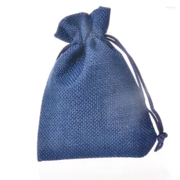 ジュエリーポーチランウェイラッキー9x12cm 50pcs/lot Navy Blue Burlap Drapstring Packing Christmas WeddingCandy Ring Jute Gift Bags