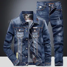 Men's Tracksuits Fashion Slim Sets Spring Autumn Dark Blue Denim Cotton Long Sleeve Jacket Ripped Hole Jeans Couple Two Piece2810