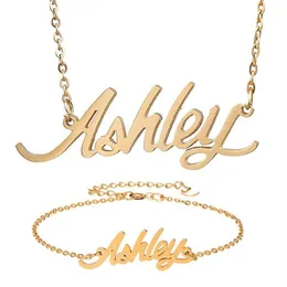 Kolczyki Naszyjnik Moda stal nierdzewna Nazwa Bransoletka Bransoletka Ashley Script Letter Gold Choker Sain Pendant Placke GI187S