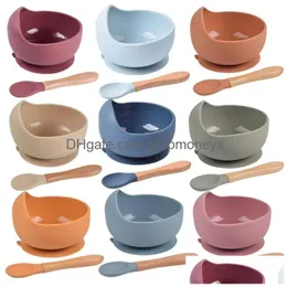 Koppar, rätter redskap baby Sile Bowl FeedingTableware Spoon Waterproof Suge Childrens Table Plate Putt Set Dishes Kitchenware Baby DHV5B