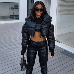 Jaquetas femininas moda preto frio ombro curto parkas casaco outono inverno para mulheres zíper gola alta quente sopro streetwear