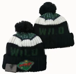 Herr Caps Hockey Ball Hats Wild Beanie Alla 32 lag stickade manschetterade Pom Minnesota Beanies randiga sidelinjen WARM USA College Sport Knit Hattar för kvinnor