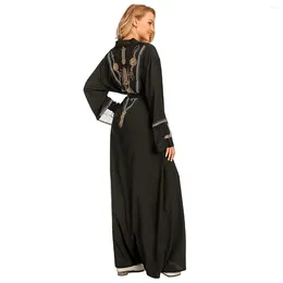 Etnische Kleding Mesh Stof Stiksels Boren Moslim Vest Gewaad Vrouwen Kleding Lange Mouw Open Abaya Dubai Maxi Jurken TA1824