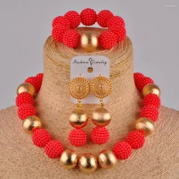 Halsbandörhängen Set Majalia African Fashion Wedding Jewelry Nigeria Pärled Red Beads JS-3