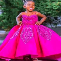 2023 Lace Fuchsia Flower Girl Dresses Ball Gown Satin Pearls Sheer Neck Vintage Little Girl Peageant Dress Gowns ZJ414