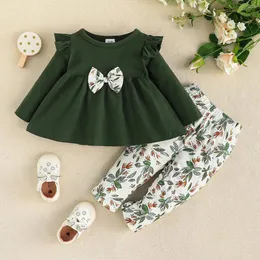 Kläder sätter mörkgrönt -sleeve midja blommig båge toppmönster byxor pastoral stil barns tvådelar set baby flicka outfit