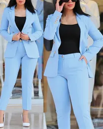 Kvinnors kostymer Blazers Blue Woman's Formal Pant Set in Casual Business Double Breasted Blazers Jacket Pants Elegant Ladies 2 Piece Set 231019