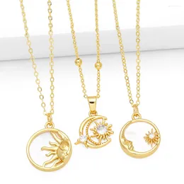 Pendant Necklaces FLOLA Copper Gold Plated Enamel Round Sun Moon For Women CZ Crystal Necklace Fashion Jewelry Gifts Nket63