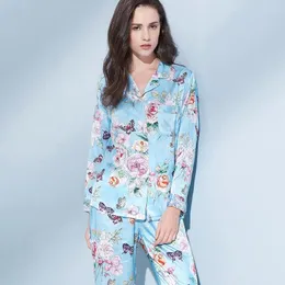 Kobietowa odzież snu Prawdziwa jedwabna piżama dla kobiet kwiat 2pcs salon piżama sprężyna femme pijamas garnitury niebieskie bedgown dla kobiet
