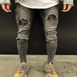 Drop Knie Zerrissene Jeans Männer Super Dünne Knöchel reißverschluss Männer Jeans Elastische Hose Designer Marke Kleidung Street309W