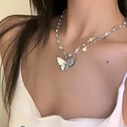 Hänge halsband koreanska mode söt fjäril stjärna charms halsband för kvinnor flickor imitation pärlpärlor kedja choker smycken gåvor