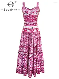 Vestidos de trabalho seqinyy sicília conjunto algodão verão primavera design de moda feminina pista colheita topo midi saia vintage rosa flor impressão