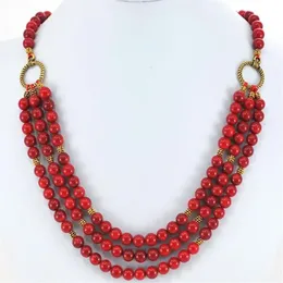 3 Strands Red Coral Round Beads Gold Toggle Necklace 19 274p